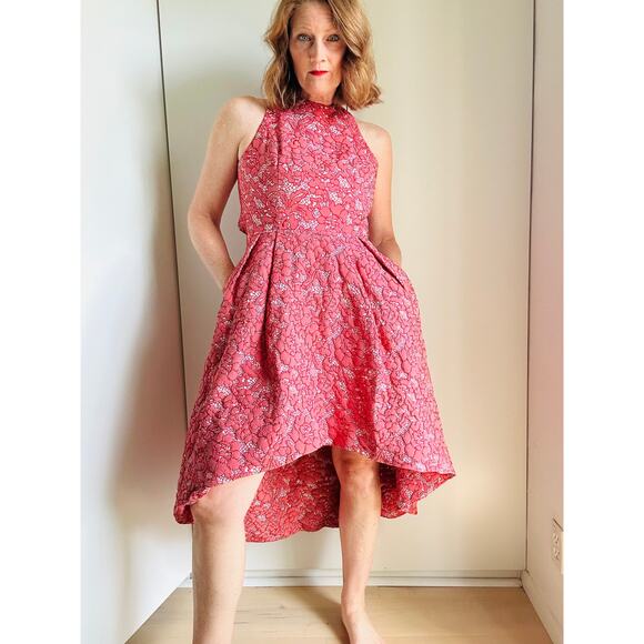 ML Monique Lhuillier Lace Pattern High Low Formal Dress Red white SZ SM Pockets - Picture 10 of 16